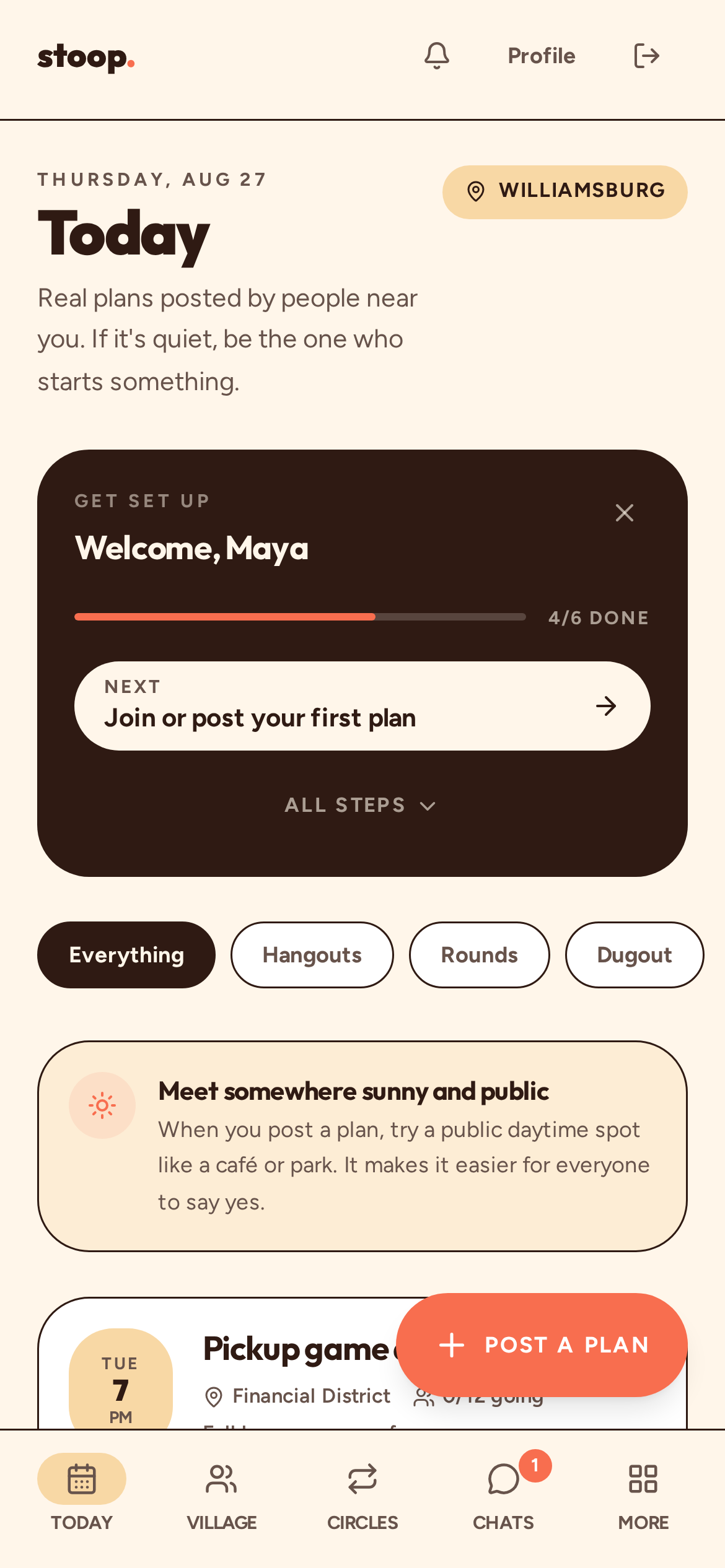 Stoop Today screen showing neighborhood plans for the day