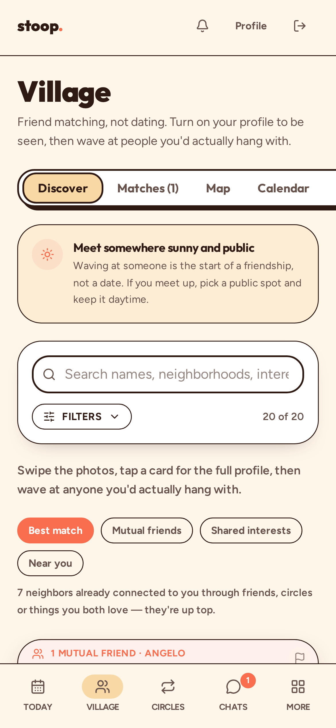Stoop Village screen showing friend matching profiles