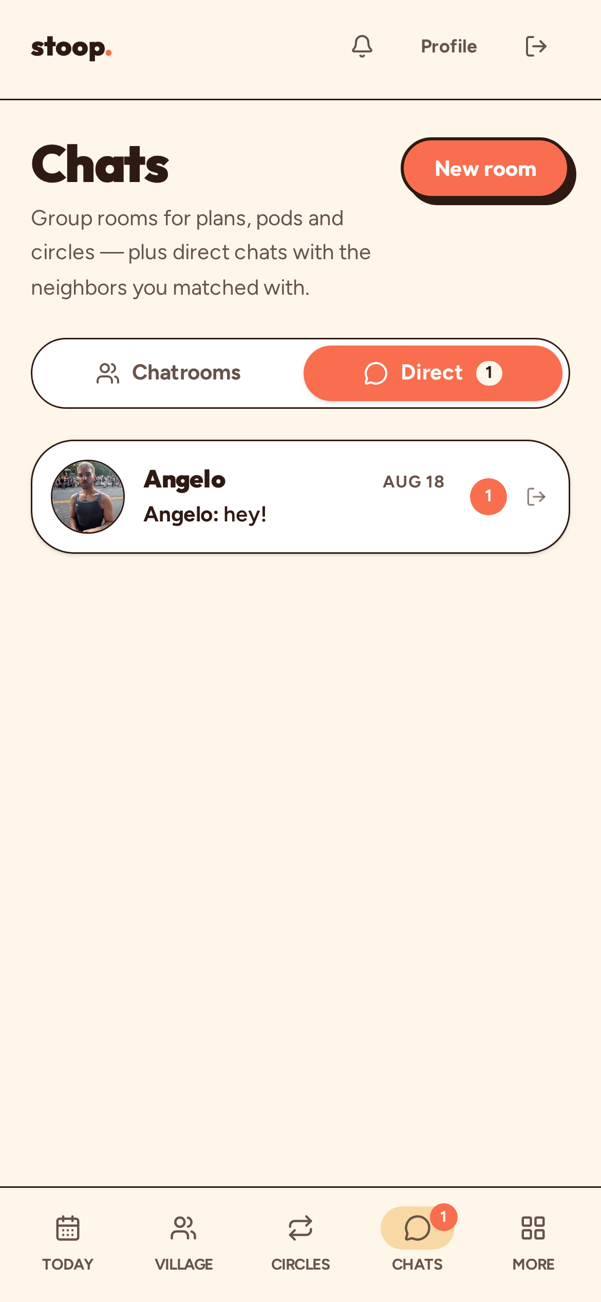 Stoop Chats screen showing group rooms and direct messages