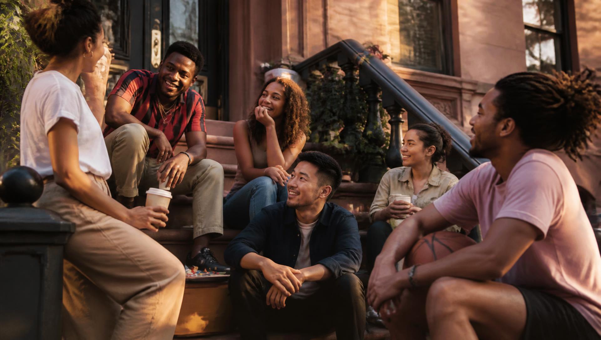 Neighbors hanging out on a Brooklyn brownstone stoop with coffee, a basketball and a board game